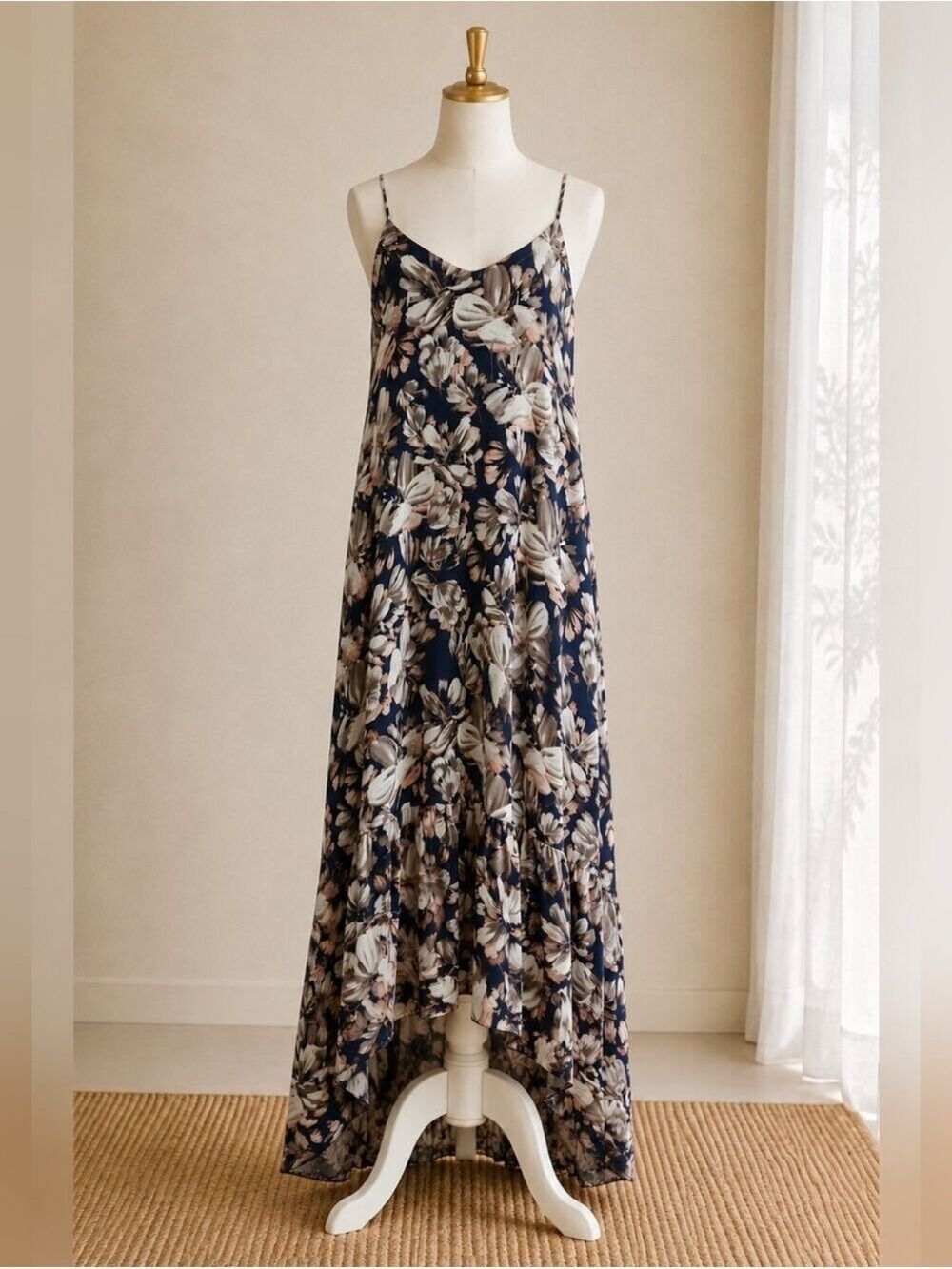 LOVE SADIE FLORAL HIGH LOW MAXI DRESS MEDIUM NAVY BROWN ADJUSTABLE STRAPS BOHO